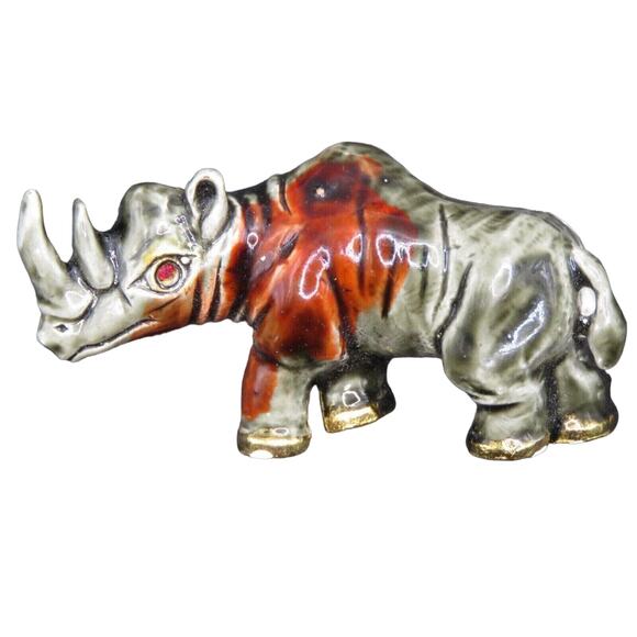 Vintage Rhino Brooch Pin Gold Tone Enamel Grey Red Rhinoceros With Gift Box - Picture 1 of 6